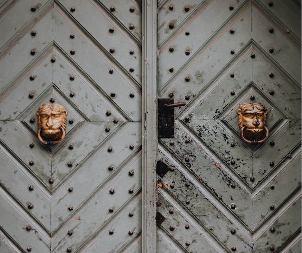 colourful door with lion door knockers